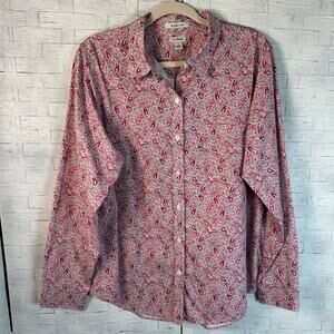 L.L.Bean paisley button up blouse, white and pink feminine wrinkle resistant top